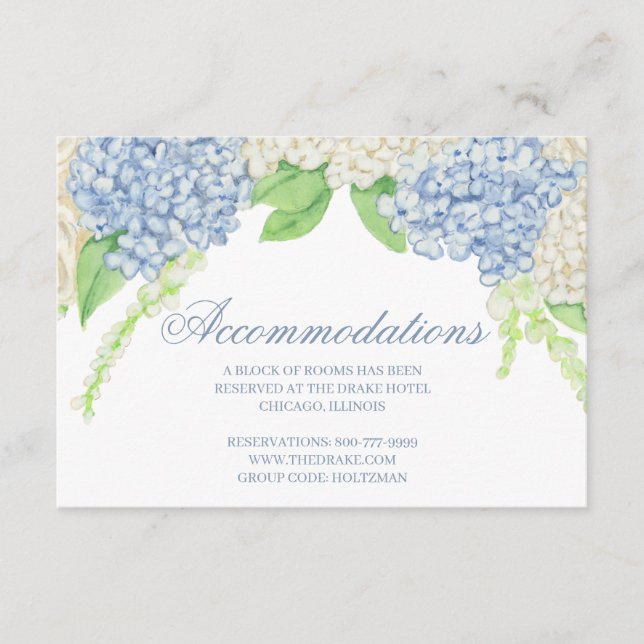 Cartão De Informações Casamento de Crest de Hydrangea Azul e Branco (Frente)