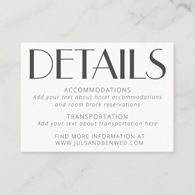 Cartão De Informações Casamento de Deco de Texto Branco Elegante Minimal (Frente)