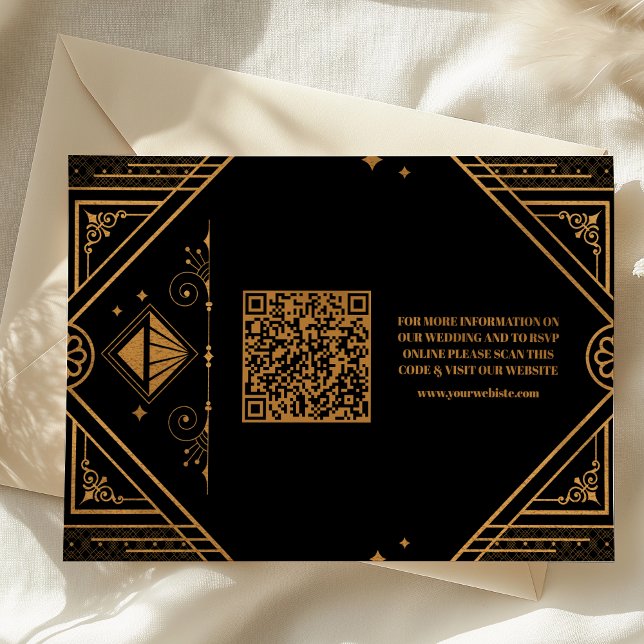 Cartão De Informações Casamento de Deco Geométrico com Código QR Dourado (Criador carregado)