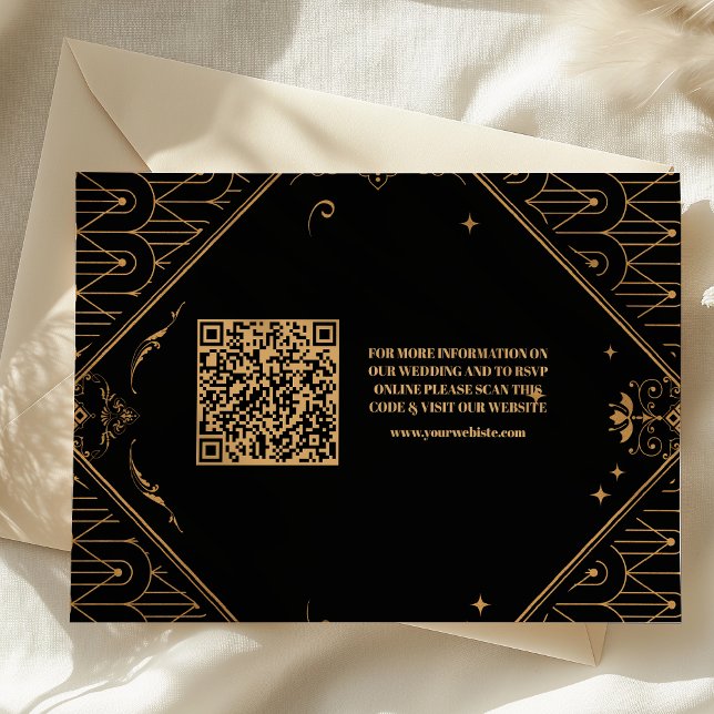 Cartão De Informações Casamento de Deco Geométrico com Código QR Dourado (Criador carregado)