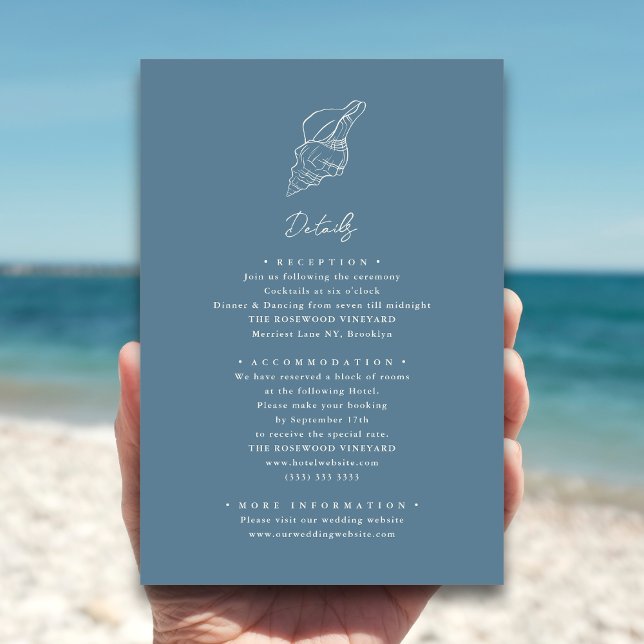 Cartão De Informações Casamento de Destino de Praia de Seashell Azul Dus (Criador carregado)