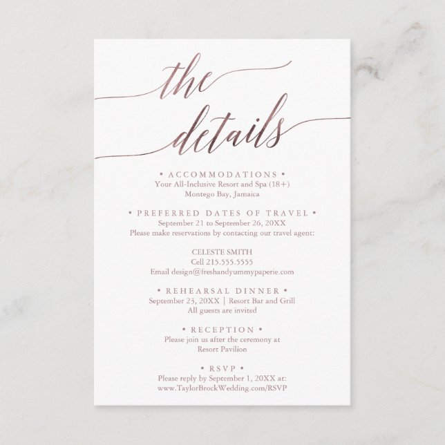 Cartão De Informações Casamento de Destino Viagem Elegante RoseGold Deta (Frente)