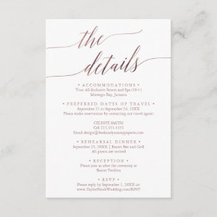 Cartão De Informações Casamento de Destino Viagem Elegante RoseGold Deta