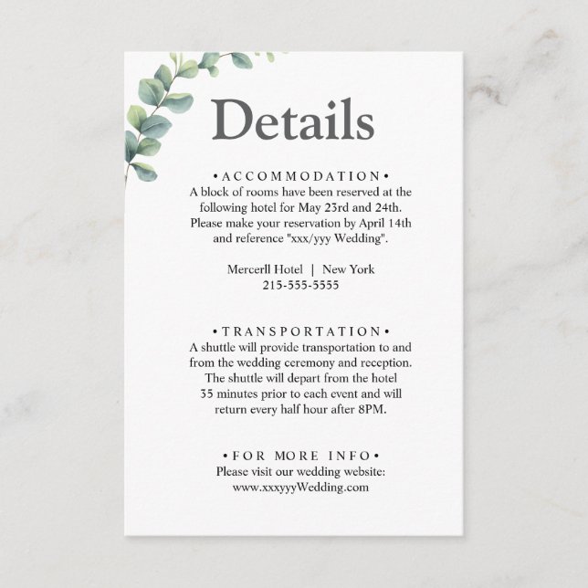 Cartão De Informações Casamento de Eucalyptus aquarela Rustic Greenery (Frente)