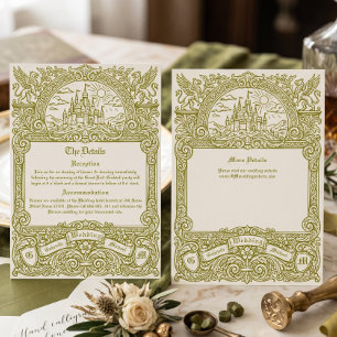 Cartão De Informações Casamento de Fantasia Medieval Vintage em Verde Ol