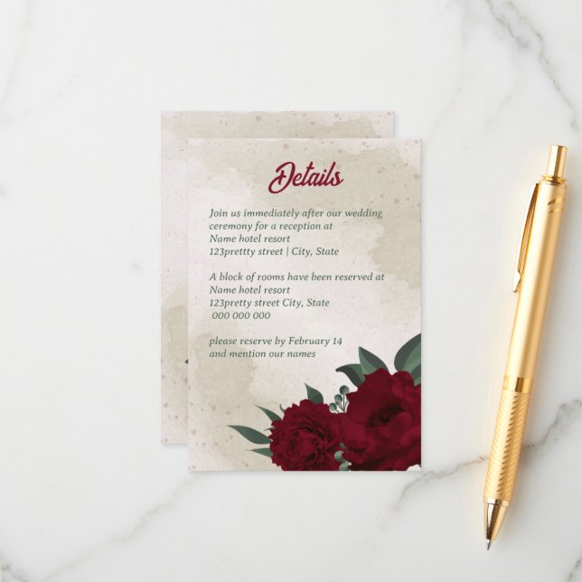 Cartão De Informações Casamento de flores da Borgonha (Frente/Verso In Situ)