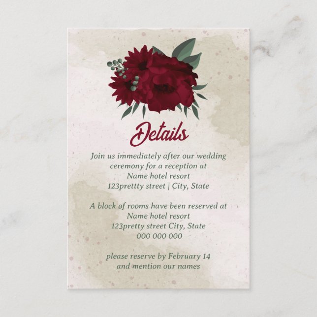 Cartão De Informações Casamento de flores da Borgonha (Frente)