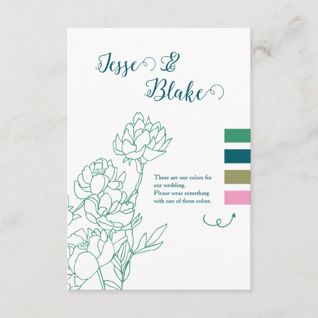 Cartão De Informações Casamento de Flores de Peônias Desenhadas em Mão V (Frente)