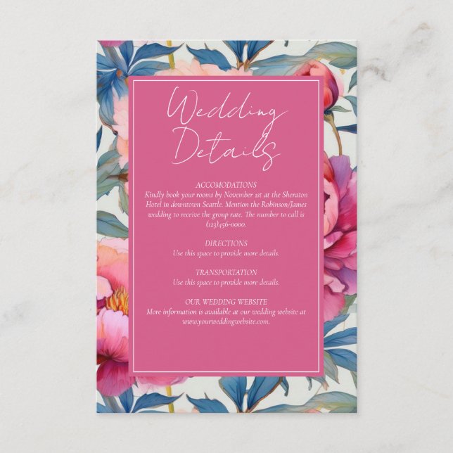 Cartão De Informações Casamento de Flores de Pêssego e Peônia Rosa (Frente)