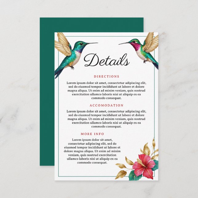 Cartão De Informações Casamento de Flores Tropicais Vermelhas de Aves Hu (Frente/Verso)