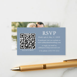 Cartão De Informações Casamento de Foto Minimalista QR RSVP Dusty Blue