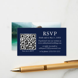 Cartão De Informações Casamento de Foto Simples Minimalista RSVP Azul QR
