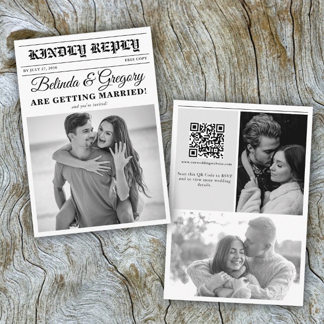 Cartão De Informações Casamento de Fotos Brancas e Negras (Wedding Newspaper Fun Black & White Photo Wedding Enclosure Card)