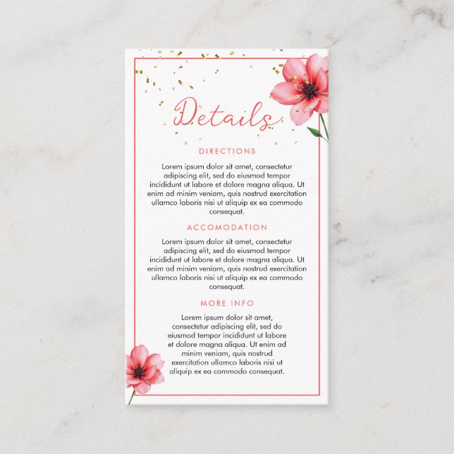 Cartão De Informações Casamento de Frame de Confetti Floral Rosa-Blush C (Frente)