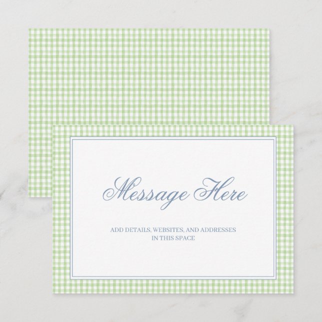 Cartão De Informações Casamento de Gingham Branco e Verde com Aquarela (Frente/Verso)
