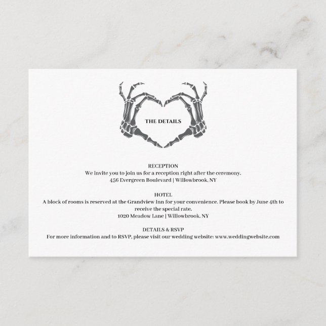 Cartão De Informações Casamento de Halloween do Esqueleto Romântico Góti (Frente)