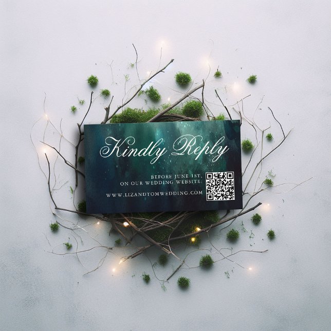 Cartão De Informações Casamento de Jardim Encantado com Código QR do Sit (enchanted forest emerald wedding website rsvp card qr code elegant modern calligraphy formal magical)