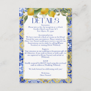 Cartão De Informações Casamento de Limões Cítricos com Azulejos Italiano