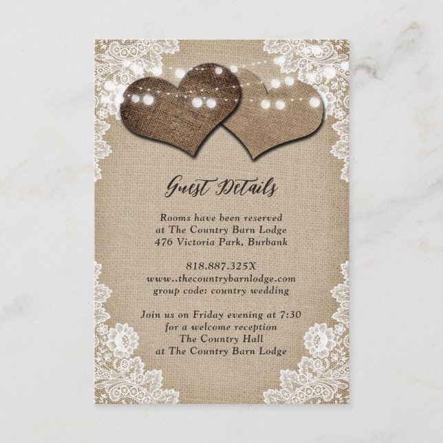 Cartão De Informações Casamento De Locais Florais Rustic Country Burlap (Frente)