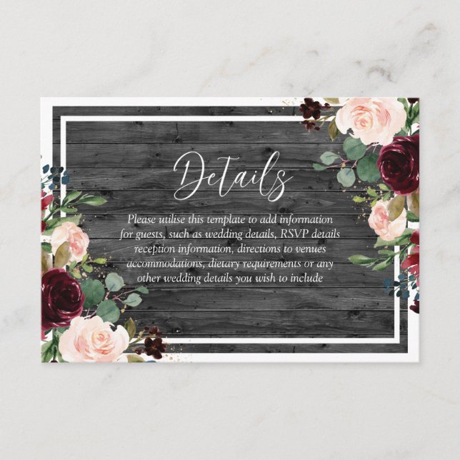 Cartão De Informações Casamento de Madeira com carvão vegetal (Frente)