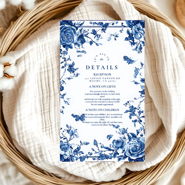 Cartão De Informações Casamento de Moldura Azul Floral Azul Elegante (Criador carregado)