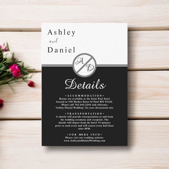 Cartão De Informações Casamento De Monograma Branco E Preto Moderno Eleg (Criador carregado)