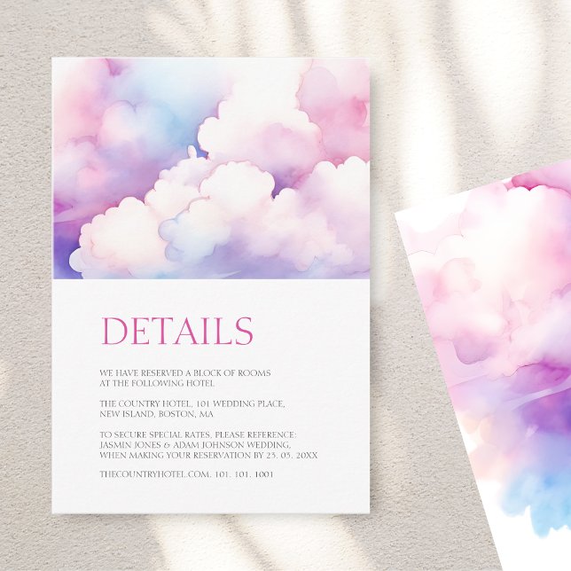 Cartão De Informações Casamento de Monograma de Nuvens Brancas Azuis Ele (Elegant Pink Blue White Clouds Monogram Wedding Enclosure Card)