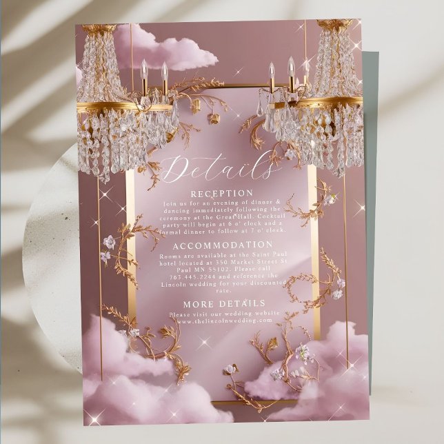 Cartão De Informações Casamento de Nuvens Rosa Elegante Chandelier (Criador carregado)