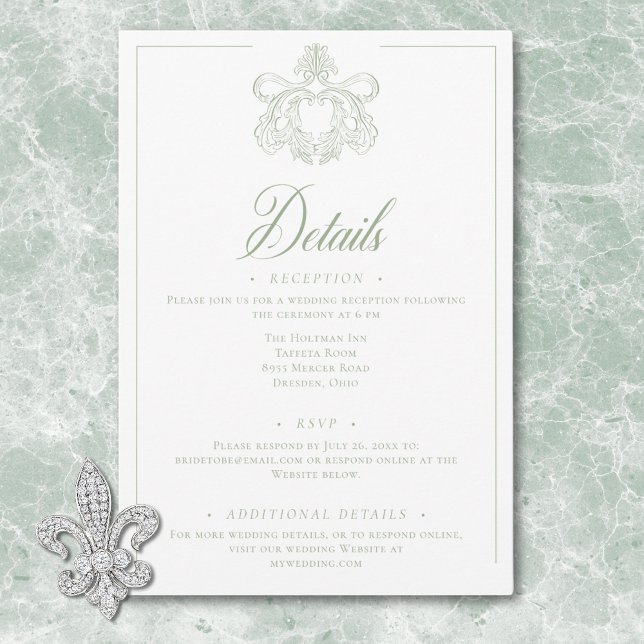 Cartão De Informações Casamento de Pássaros de Chinoiserie Verde Elegant (Elegant Green Chinoiserie Bird Crest Wedding Enclosure Card)