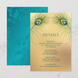 Cartão De Informações Casamento de Pena de Pavão Dourado