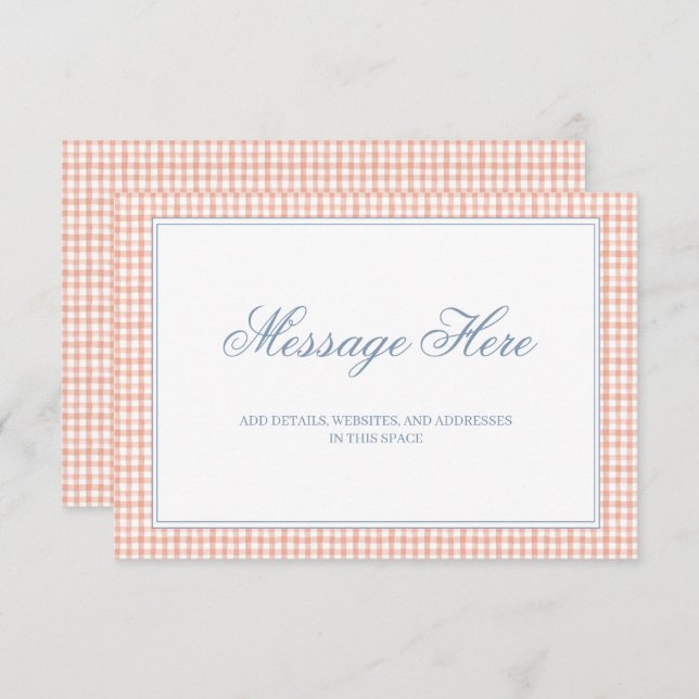 Cartão De Informações Casamento de Pêssego e Gingham Branco (Frente/Verso)
