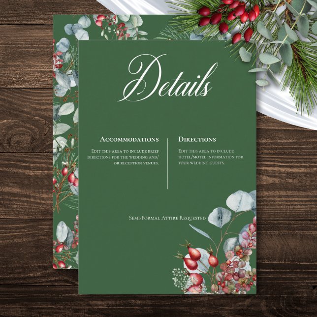 Cartão De Informações Casamento de Pinheiro Verde de Inverno Eucalipto (Green Winter Pine Berries Eucalyptus Wedding Enclosure Card)