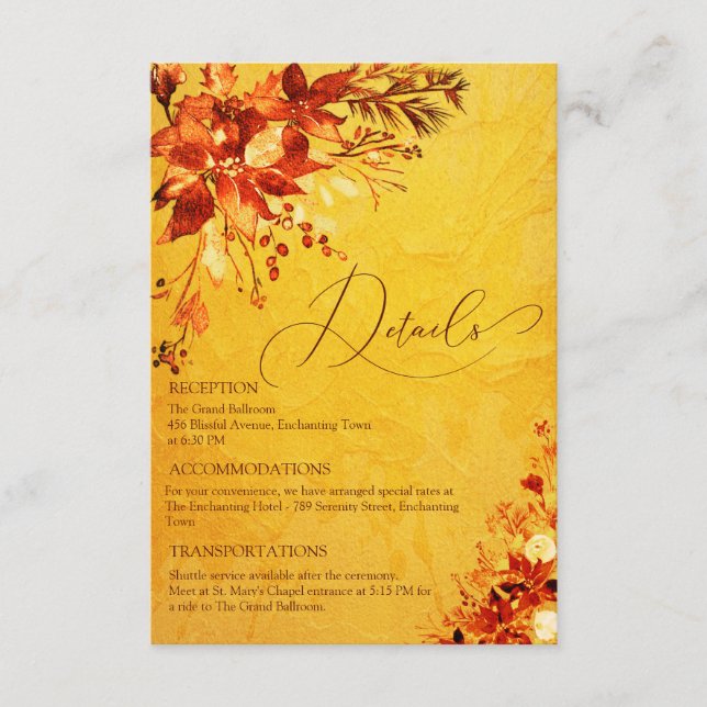 Cartão De Informações Casamento de Poinsettia Vermelha e Dourada Elegant (Frente)