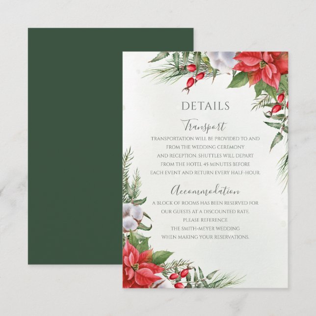 Cartão De Informações Casamento de Poinsettia Winter Greenery (Frente/Verso)