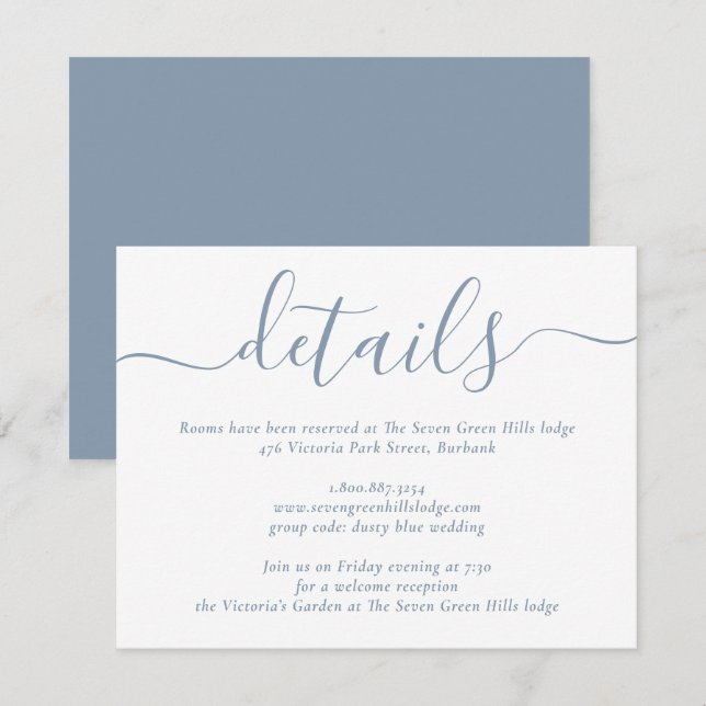 Cartão De Informações Casamento de Rascunho Moderno Azul Empoeirado (Frente/Verso)