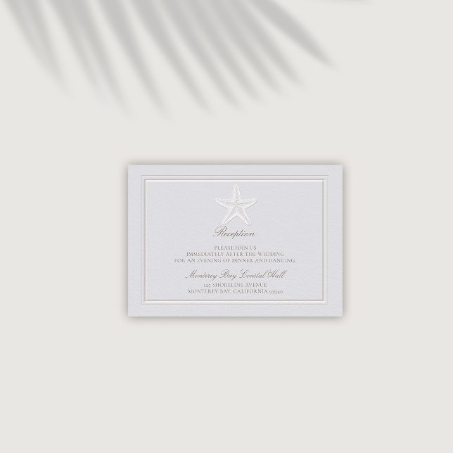 Cartão De Informações Casamento de Recepção Clássica Costeira (coastal wedding reception details card modern classic formal traditional frame faux emboss starfish)