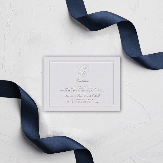Cartão De Informações Casamento de Recepção Costeira de Corda Náutica (nautical wedding reception card classic formal traditional frame faux embossed anchor crest monogram)
