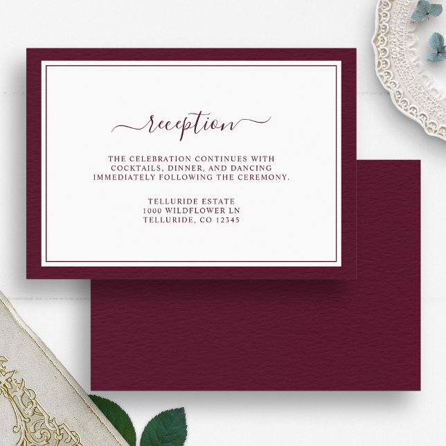 Cartão De Informações Casamento de Recepção Elegante Mínima Burgundy (Burgundy Minimal Elegant Script Reception Wedding Enclosure Card by Painted Paperie
)