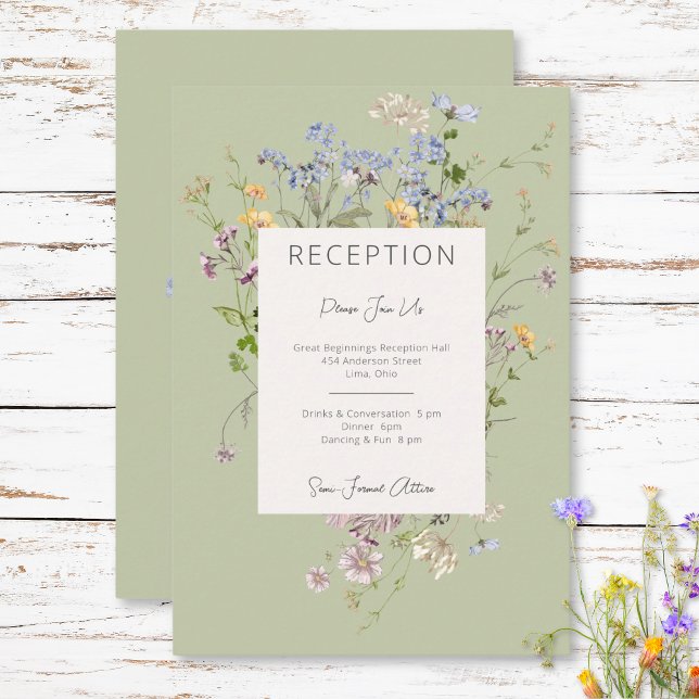 Cartão De Informações Casamento de Recepção Verde de Delicate Boho Wildf (Delicate Boho Wildflowers Green Reception Wedding Enclosure Card)
