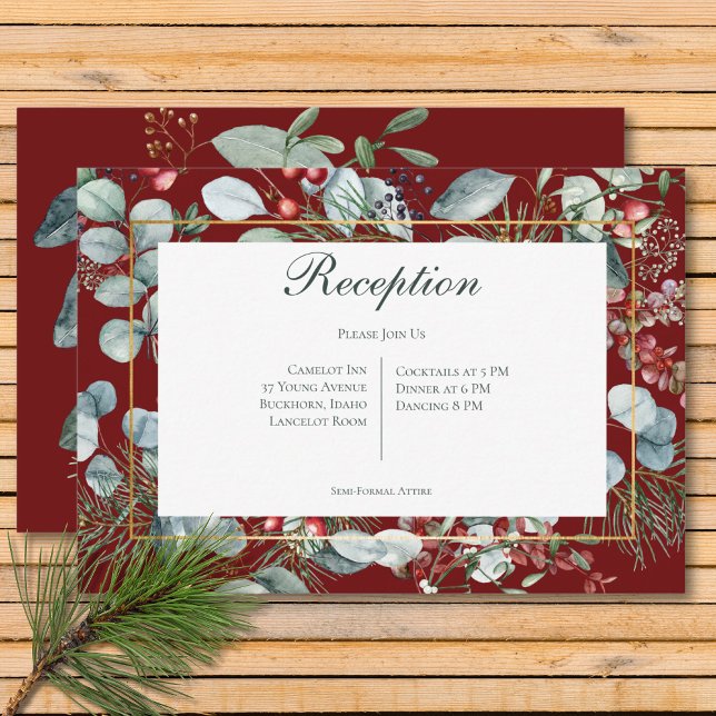 Cartão De Informações Casamento de Recepção Vermelha no Natal de inverno (Winter Christmas Greenery Red Reception Wedding Enclosure Card)