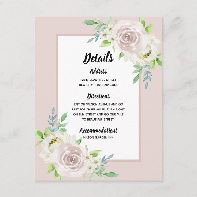 Cartão De Informações Casamento de Rosa de Aquarela Floral de Rosewood S (Frente)