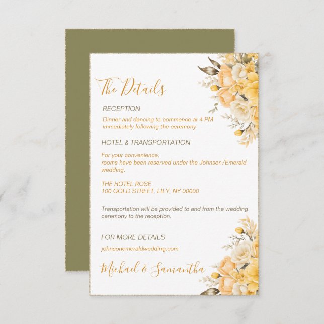 Cartão De Informações Casamento de Rosa de marfim e amarelo legante (Frente/Verso)