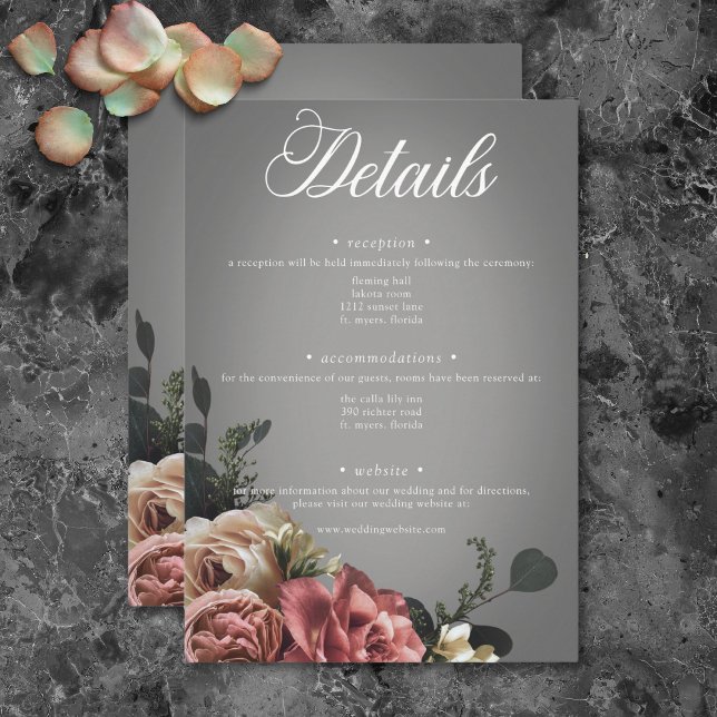 Cartão De Informações Casamento de Rosas Florais Brancas Elegantes (Elegant Pink White Floral Roses Gray Wedding Enclosure Card)