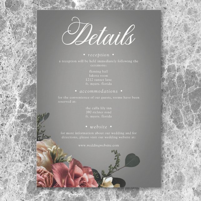 Cartão De Informações Casamento de Rosas Florais Brancas Elegantes (Elegant Pink White Floral Roses Gray Wedding Enclosure Card)