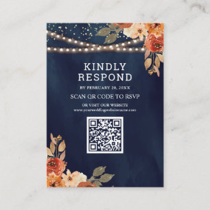 Cartão De Informações Casamento de RSVP com Código QR Azul Naval Floral