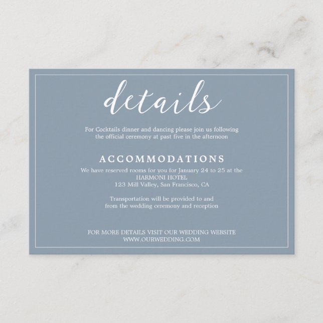 Cartão De Informações Casamento de Script Azul-Bordado Moderno Elegante  (Frente)