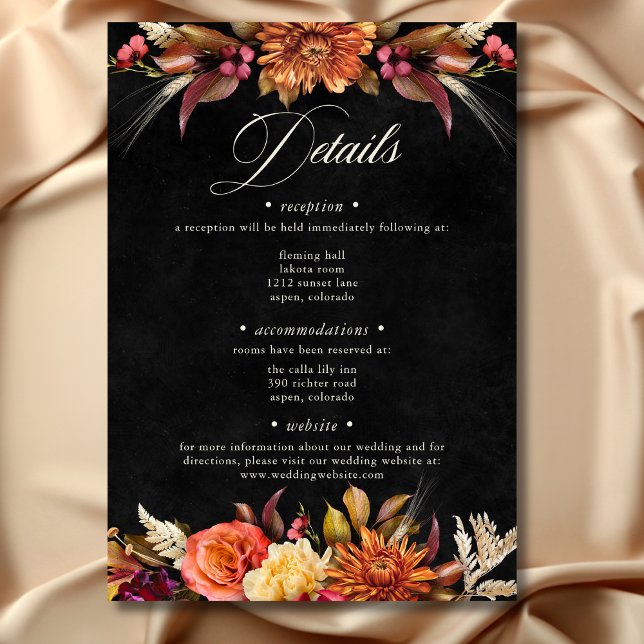 Cartão De Informações Casamento de Script Floral Boho Boho Negra Elegant (Elegant Black Vibrant Boho Floral Script Wedding Enclosure Card)