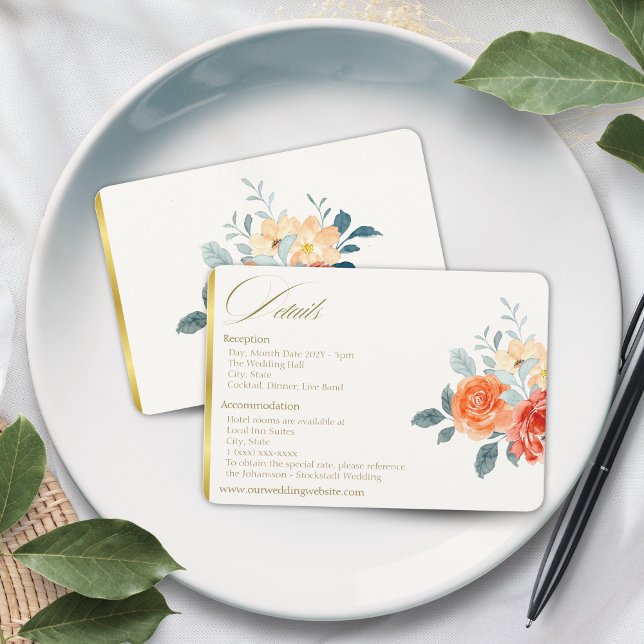 Cartão De Informações Casamento de Script Floral Dourado Elegante (Criador carregado)