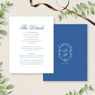 Cartão De Informações Casamento de Script Formal do Monograma Azul Elega