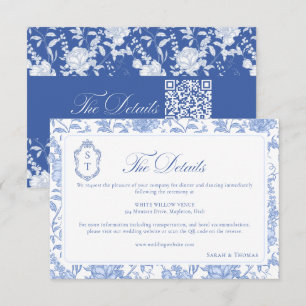 Cartão De Informações Casamento Delft Azul Floral Chinoiserie Monograma